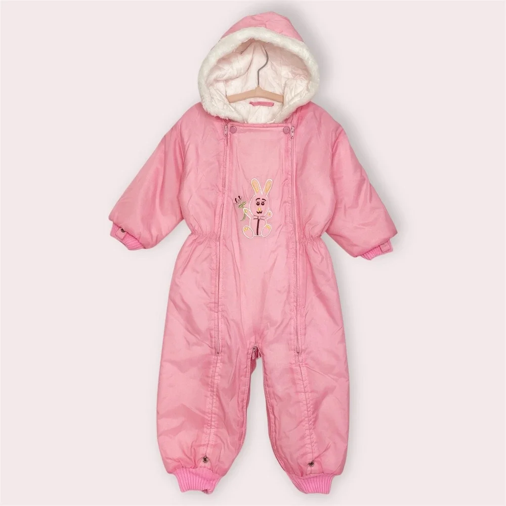Vintage JC Penney Toddler Snowsuit Embroidered Pink Bunny‎ Hooded Size 24 Months